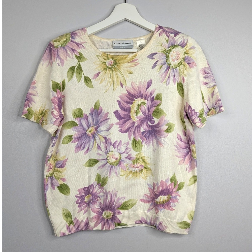 Alfred Dunner Sweater Women PL Cream Excellent Floral Sequin Short Sleeve Knit